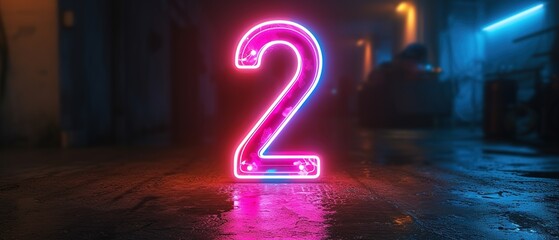 Number "two" neon light sign on isolated dark background. Pink and blue neon number "two" sign.