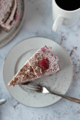 Slice of torte on a plate on light table background