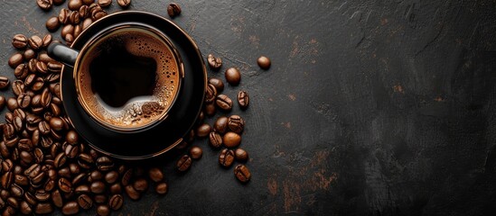 A captivating blend of elegance - a bold and beautiful cup of black coffee surrounded by coffee beans on a rustic black background.