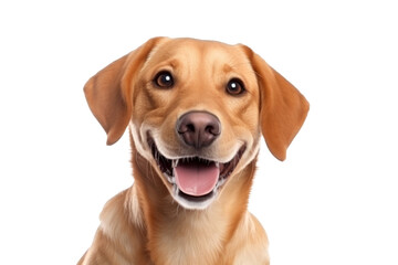 Cute fluffy portrait smile Puppy dog Labrador retriever that looking at camera isolated on clear png background, funny moment, lovely dog, pet concept. - obrazy, fototapety, plakaty