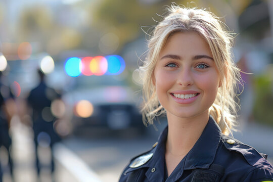 Blonde woman wearing police officer uniform, patrol car background