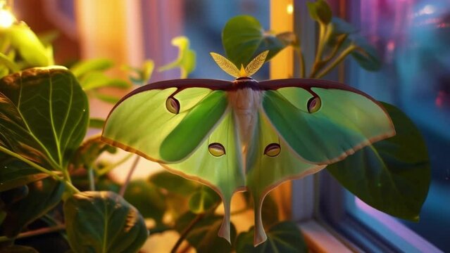 Closeup of a Luna moth perched on a windowsill its emerald green wings blending in with the lush plants and vibrant city lights surrounding