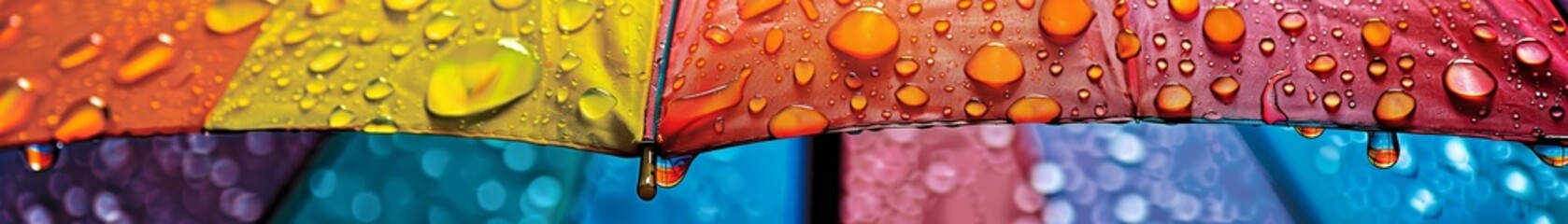 Raindrops on a colorful umbrella close up joyful despite the rain - obrazy, fototapety, plakaty