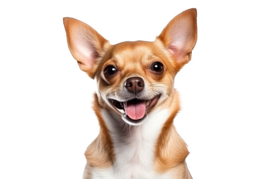 Cute fluffy portrait smile Puppy dog Chihuahua that looking at camera isolated on clear png background, funny moment, lovely dog, pet concept.