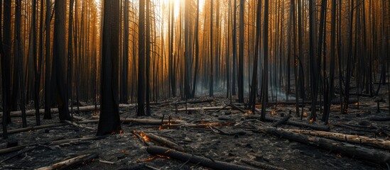 A dense forest filled with numerous tall trees stands as a testament to natures resilience after a devastating forest fire caused by human negligence.