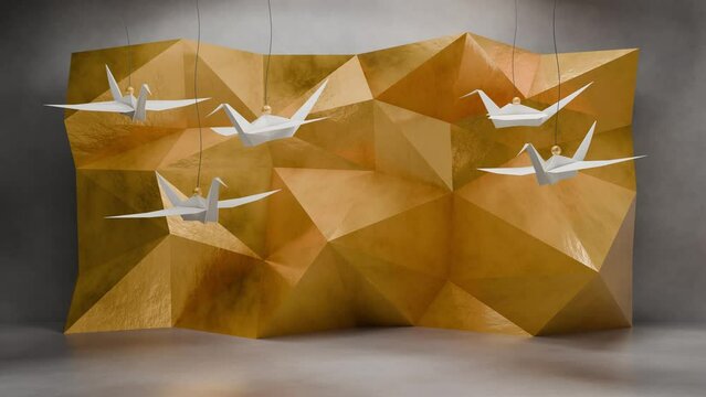 Origami Birds Animation. Gold textured wall as a background. Mockup scene for product presentation. Looping animation.