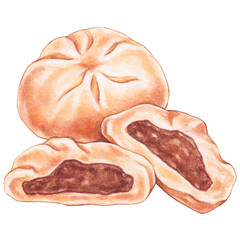 steamed pork buns watercolor style, traditional asian food design