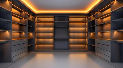 Huge dressing room with completely empty clothes closets, illuminated with LED lights
