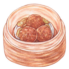 ngao yuk, steamed beef balls watercolor style, traditional asian food design