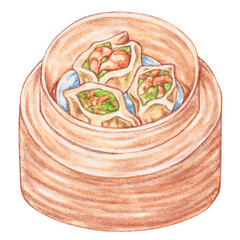 shrimps and snow pea leaf dumplings watercolor style, traditional asian food design