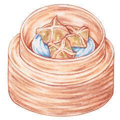 shrimp and cilantro dumplings with xo sauce watercolor style, traditional asian food design