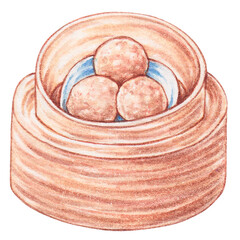 steamed vegetables and fish balls watercolor style, traditional asian food design