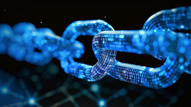Close-up of technology chain link, vibrant blue colors, block-chain concept