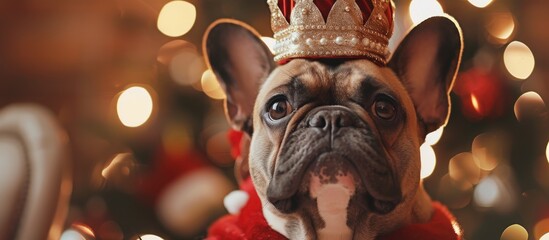 A French bulldog wearing a festive red mantle and a crown on its head, capturing a regal and playful holiday spirit.