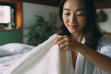 Cropped shot of young Asian woman doing her morning routine, making up her bed at home. Let's get the day started - obrazy, fototapety, plakaty