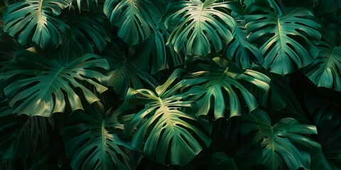 Fototapeta na wymiar green leaves background,green tropical leaves, green Monstera plant leaves, banner