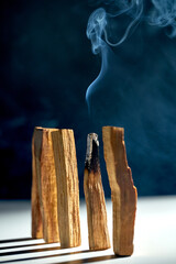 A block of Palo Santo wood is burning. Aromatic smoke for meditation and healing