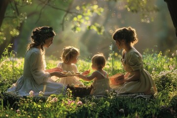 A young mother and her children on a picnic in the park, symbolizing the importance of family time.