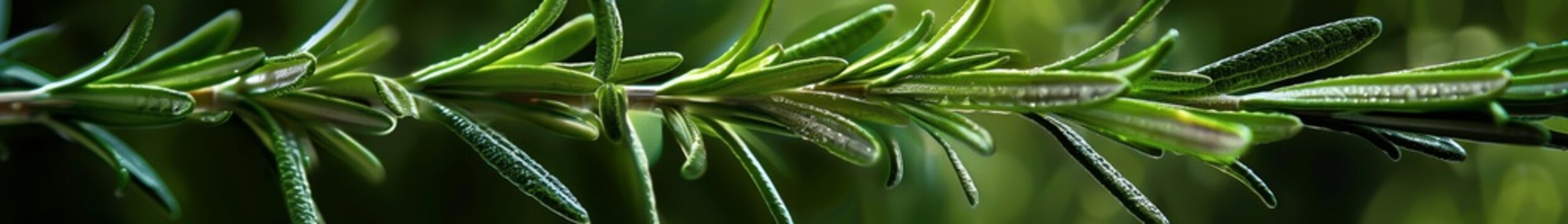 Rosemary sprig close up fine details and texture soft light on green