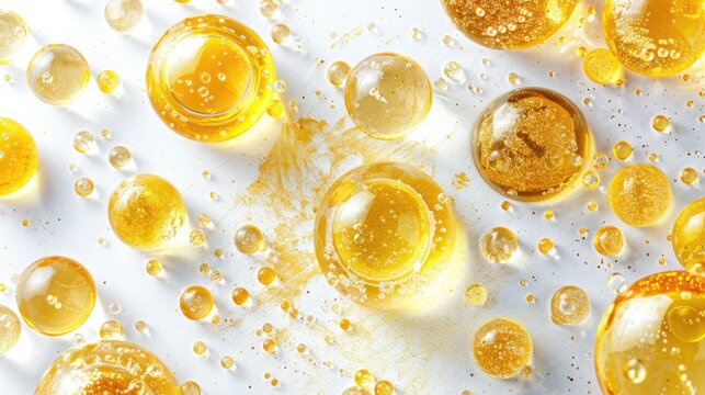 Golden Skincare Oil Drops with Air Bubbles on White Background