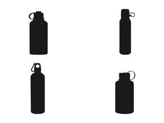Insulated water bottles silhouette set. Sports Water Bottle. Drinking reusable flask for hot or cold beverages. Water bottle vector icon for web design isolated on a white background.
