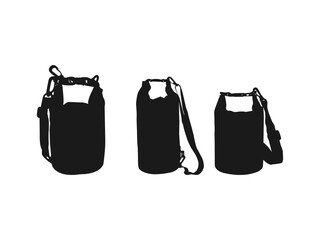 waterproof bags silhouettes icon. Vector Waterproof bag for protect from water. Waterproof closed dry bag for water sport. Icons set of bags in flat design. Bag Template Vector On White Background.