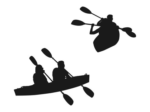 Kayaking silhouettes vector set icon. Canoe trails and rafting club emblem with kayaking equipment elements. kayaker silhouette set inspired design collection. Isolated on white Background.
