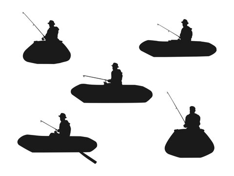 man fishing in boat vector silhouettes. head coach of the club fishermen rides on a rubber boat with a motor. fisherman in a boat catches a fish , set of silhouettes. isolated on white background.