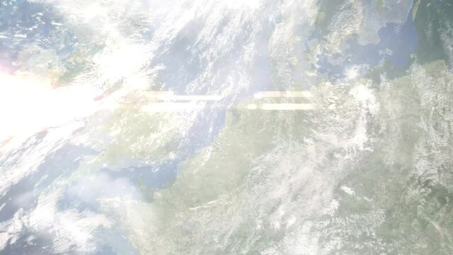 Zoom in from space and focus on Amsterdam Airport Schiphol. 3D Animation. Background for travel intro. Elements of this image furnished by NASA
