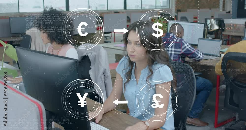 Poster animation of currency icons and data processing over diverse business people in office