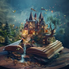 Fototapeta premium 3D style Illustration of magical book with fantasy stories inside it. Fantasy and literature concept. Happy World book day. The concept for World Book Day background. Copy space