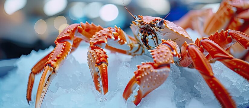 A close-up view of a crab resting on a bed of ice, showcasing its shell, legs, and claws against the cold surface.