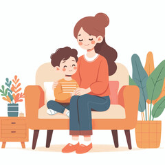 Cartoon vector illustration of a mother holding her son, for international mother language day.