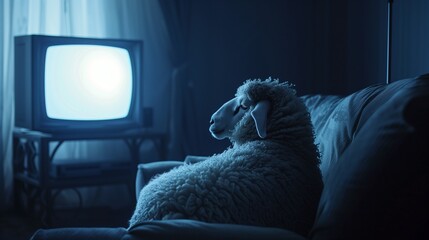 Late-night viewing. A sheep sits absorbed in front of a glowing television set in a darkened room, creating a surreal and contemplative scene.