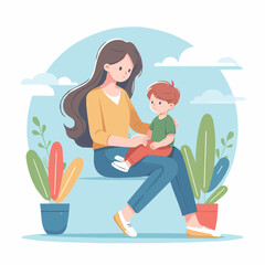 Cartoon vector illustration of a mother holding her son, for international mother language day.