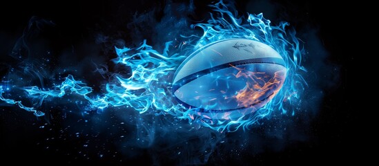Dynamic rugby action. Illustration of a rugby ball enshrouded in blue flames and wisps of smoke against a stark black background, symbolizing motion and energy.