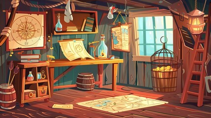 Naklejka premium Nautical adventure awaits. An intricately detailed illustration of a pirate captain's cabin with maps, navigation tools, and a warm glow from the window suggesting tales of the high seas.