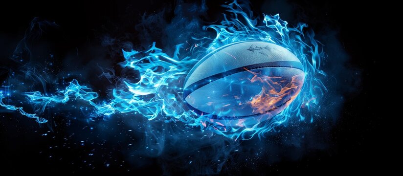 Dynamic rugby action. Illustration of a rugby ball enshrouded in blue flames and wisps of smoke against a stark black background, symbolizing motion and energy.