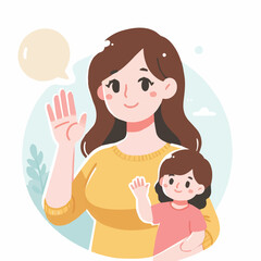 Cartoon vector illustration of a mother playing with her daughter in the park, for international mother language day.