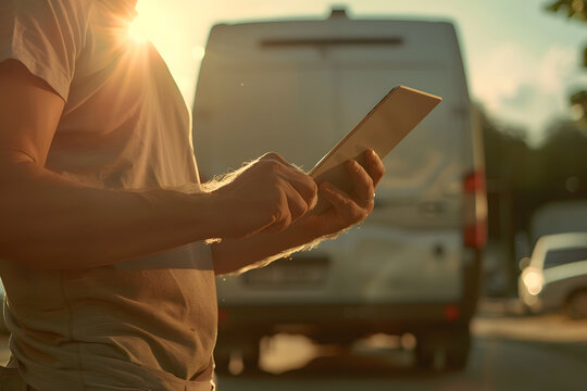 Realistic picture of a technician with an iPad in hands