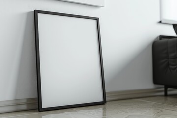 empty blank picture frame with a black border leaning against a wall in a minimalist room - mockup template for poster/art product placement