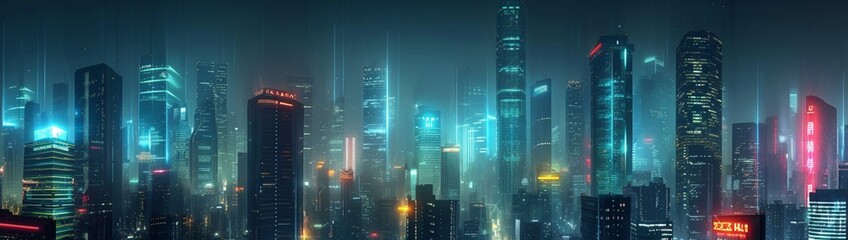 : A futuristic cityscape with towering skyscrapers, illuminated by vibrant neon lights against the night sky.