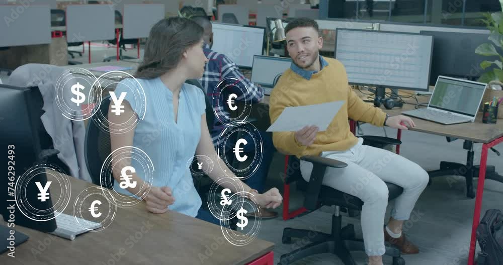 Poster animation of currency icons and data processing over diverse business people in office
