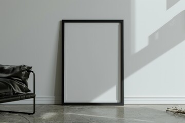 empty blank picture frame with a black border leaning against a wall in a minimalist room - mockup template for poster/art product placement