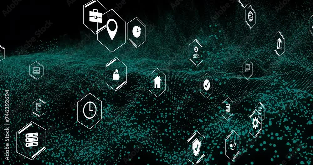 Poster animation of digital business icons and data processing