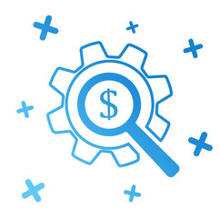 Icon for the site finance analytics business magnifier with six gear mechanism