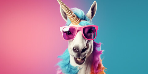 Quirky Llama Rocking Pink Sunglasses and Stylish Scarf on Blue Background , Funny llama with pink sunglasses and scarf on blue background