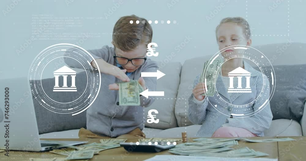Poster animation of currency and bank icons data processing over caucasian children playing with banknotes