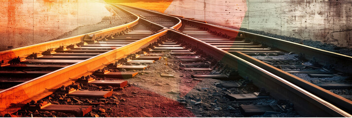  train tracks are on a railroad track,banner - obrazy, fototapety, plakaty