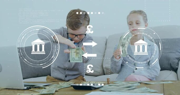 Animation of currency and bank icons data processing over caucasian children playing with banknotes